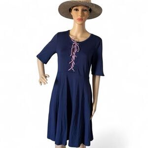 Anthropologie Maeve 1/2 Sleeve Lace Up Bodice Dress Navy Blue and Purple Small